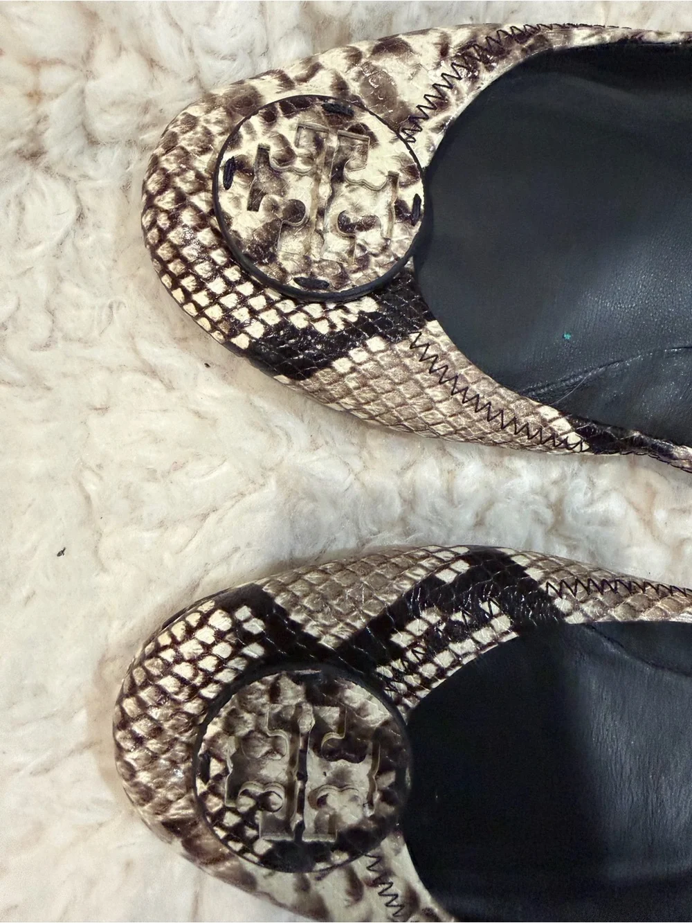 Tory Burch Snake-Print Ballet Flats in Cream and Black